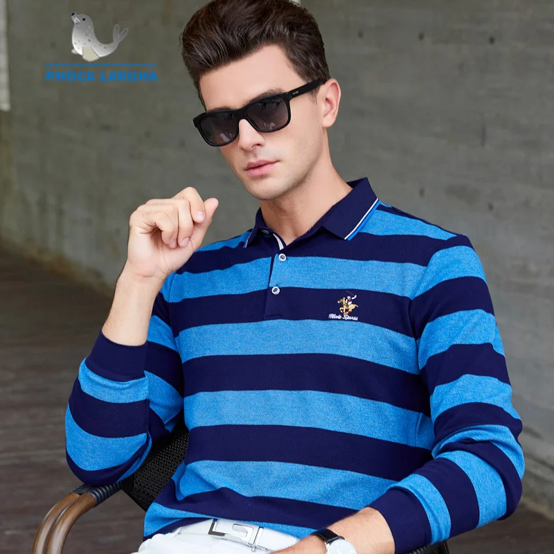 New Men's Polo Shirts 3D Embroidery High Quality Tops For Man Long Sleeve Striped Business Casual Brand Polos para hombre | Мужская
