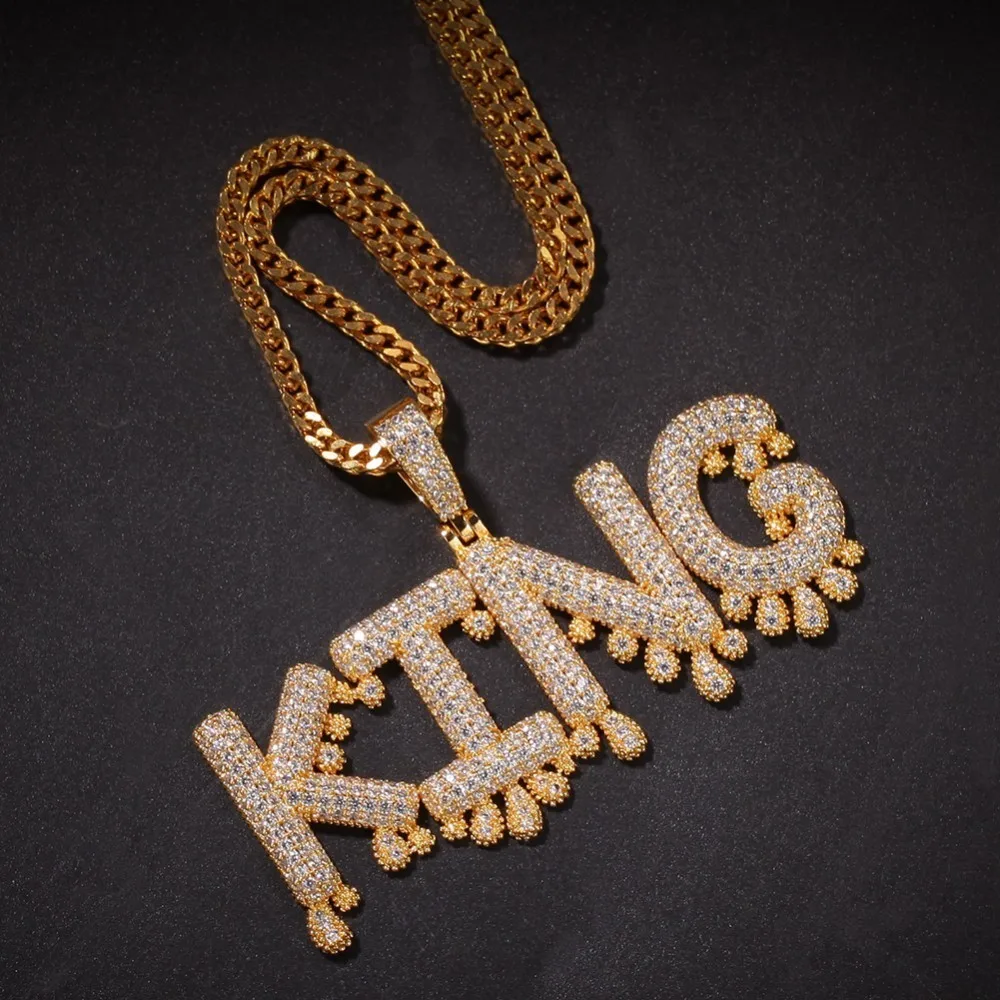 Uwin Custom Words Name Pendants Dripping Bubble Initial Letters With 4mm CZ Tennis Chain Pendant Full Gold Color Iced Jewelry