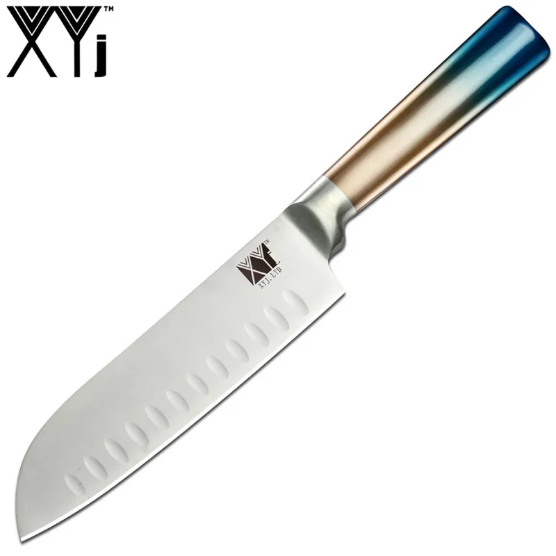7 santoku knife XYj набор кухонных ножей из нержавеющей стали градиентная синяя ручка интегрированный дизайн нож шеф-повара 8 ''Держатель ножей ножницы инструменты для приготовления пищи - Цвет: 7 santoku knife