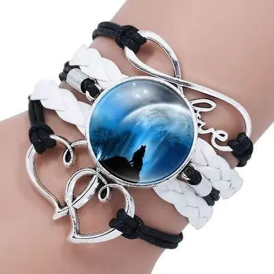 Retro Style Leather Bracelet Men Boho Glass Cabochon Moon Wolf Pattern Mens Bracelets 2019 Hand Jewelry | Украшения и аксессуары
