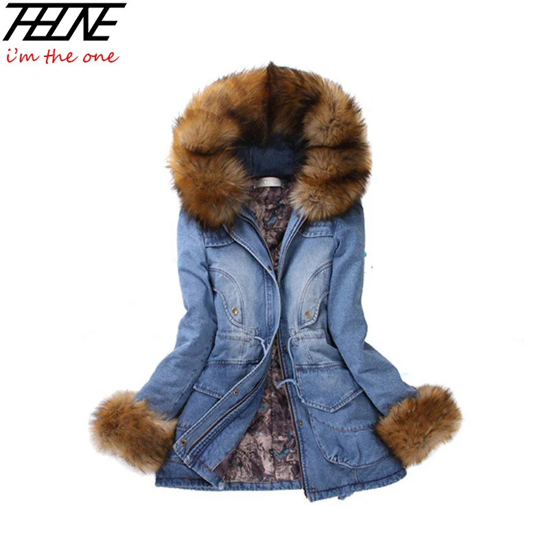 Новое Зимние Пальто Для Женщин Джинсовый Пуховик Из Большого Искусственного
