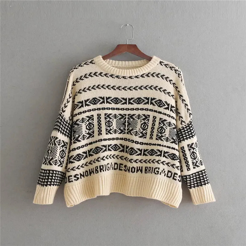 Женский жаккардовый свитер с круглым вырезом в богемном стиле осенне-зимняя