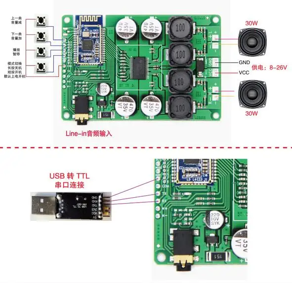 Плата усилителя мощности с приемником Bluetooth 5 0 30 Вт x2 поддержка AUX стерео аудио AMP