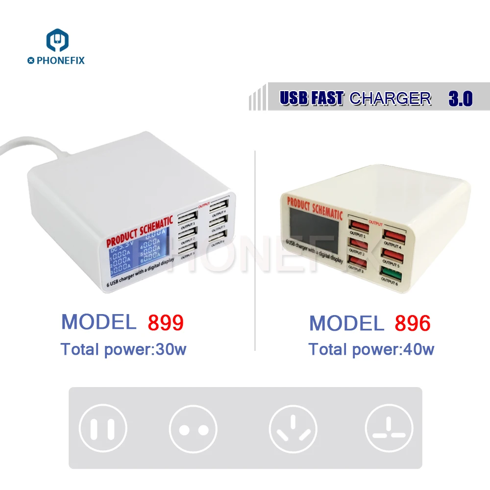 PHONEFIX многопортовый ЖК-дисплей usb зарядная станция EU US UK зарядное устройство для мобильного телефона для iPhone 6 7 8 X iPad