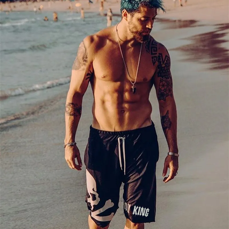 Шорты мужские пляжные хлопковые тренировочные с принтом черепа для фитнеса