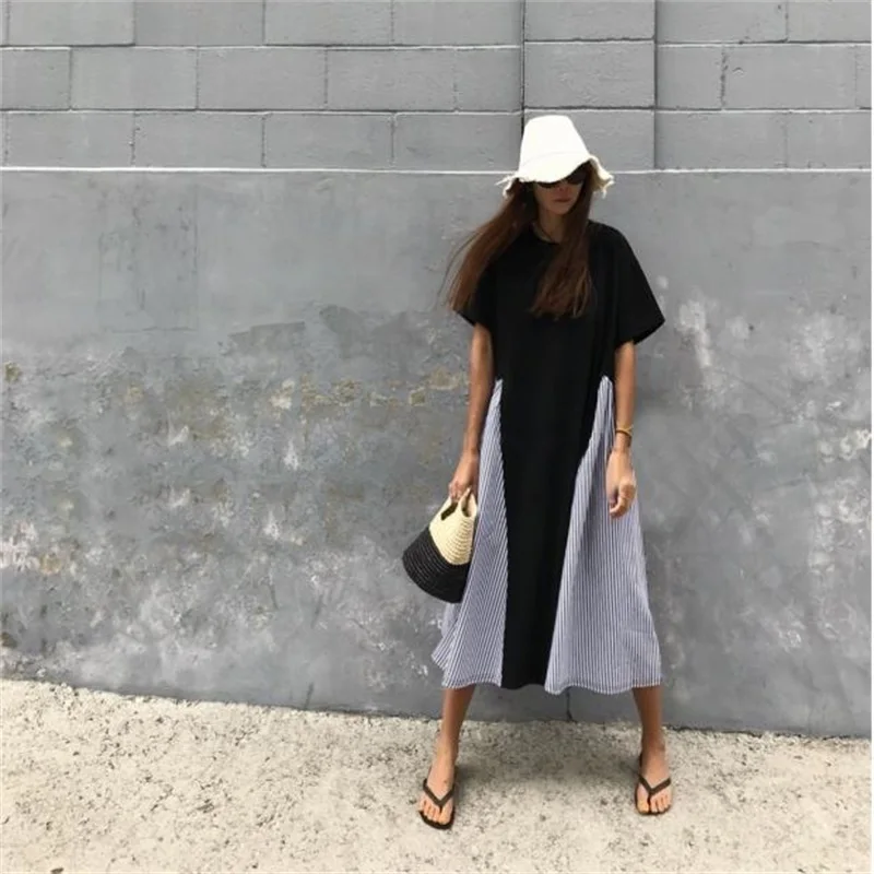 Новинка 2019 летнее хлопковое повседневное платье корейское строченное Полосатое