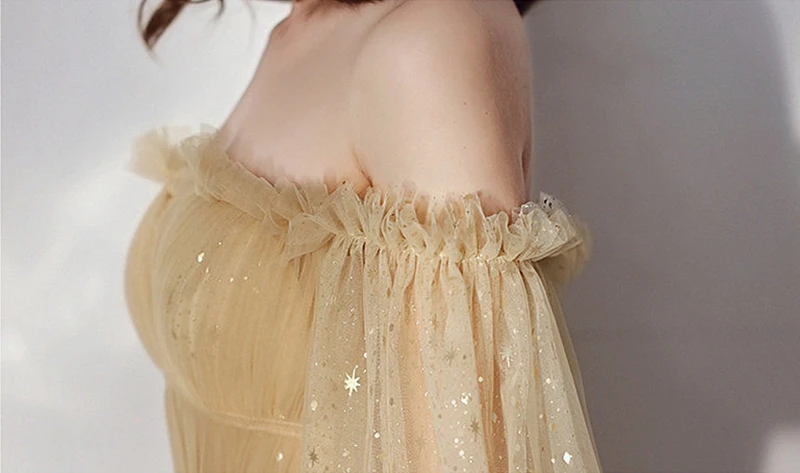 

Gold Illusion Prom Dresses 2019 New Tulle Sequined Lace O-neck Floor Length Lace-up A-line Elegant Ruffles Sleeves Evening Dress