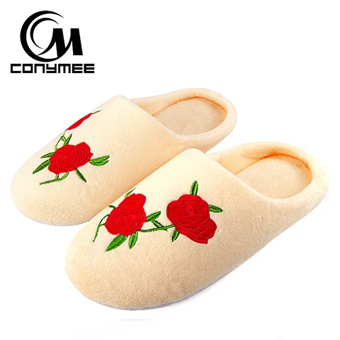 QWW-MG Beige CONYMEE/мягкий коралловый бархат Главная тапочки для женщин зимняя теплая Домашняя обувь на плоской подошве милые вышитые цветы Pantufa хлопковые тапочки - Цвет: QWW-MG Beige