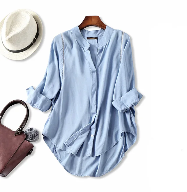 Light Blue Для женщин осенняя блузка 50% хлопок 50% лен 3/4 с длинными рукавами белые блузки офис леди рубашка осень-зима светильник синий - Цвет: Light Blue