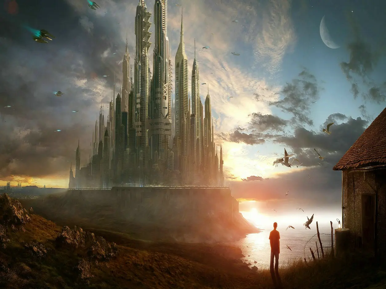 Sci Fi SciFi городской пейзаж дача река полумесяц Луна облака Фон Компьютерная печать