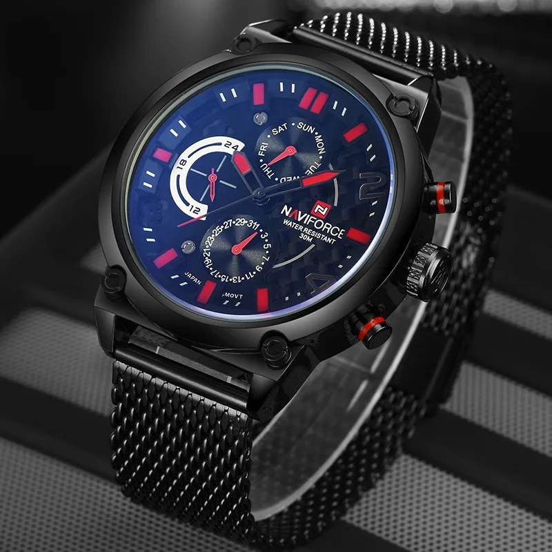 Топ бренд NAVIFORCE мужские модные повседневные кварцевые часы мужские с сетчатым ремешком из нержавеющей стали 24 аналоговые часы Relogio Masculino