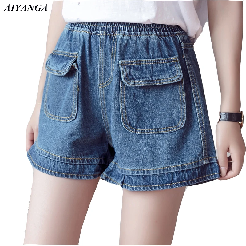 

Женские джинсовые шорты, повседневные шорты большого размера с эластичным поясом, модель 4XL/5XL на весну и лето, 2018