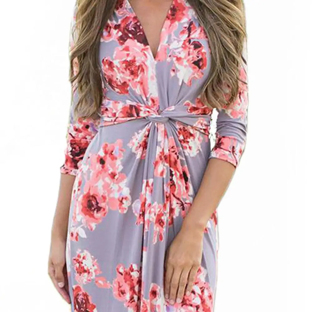 Рукав 3/4 цветочный принт V NeckMaxi Dres летние женские цветочные пояса Повседневный