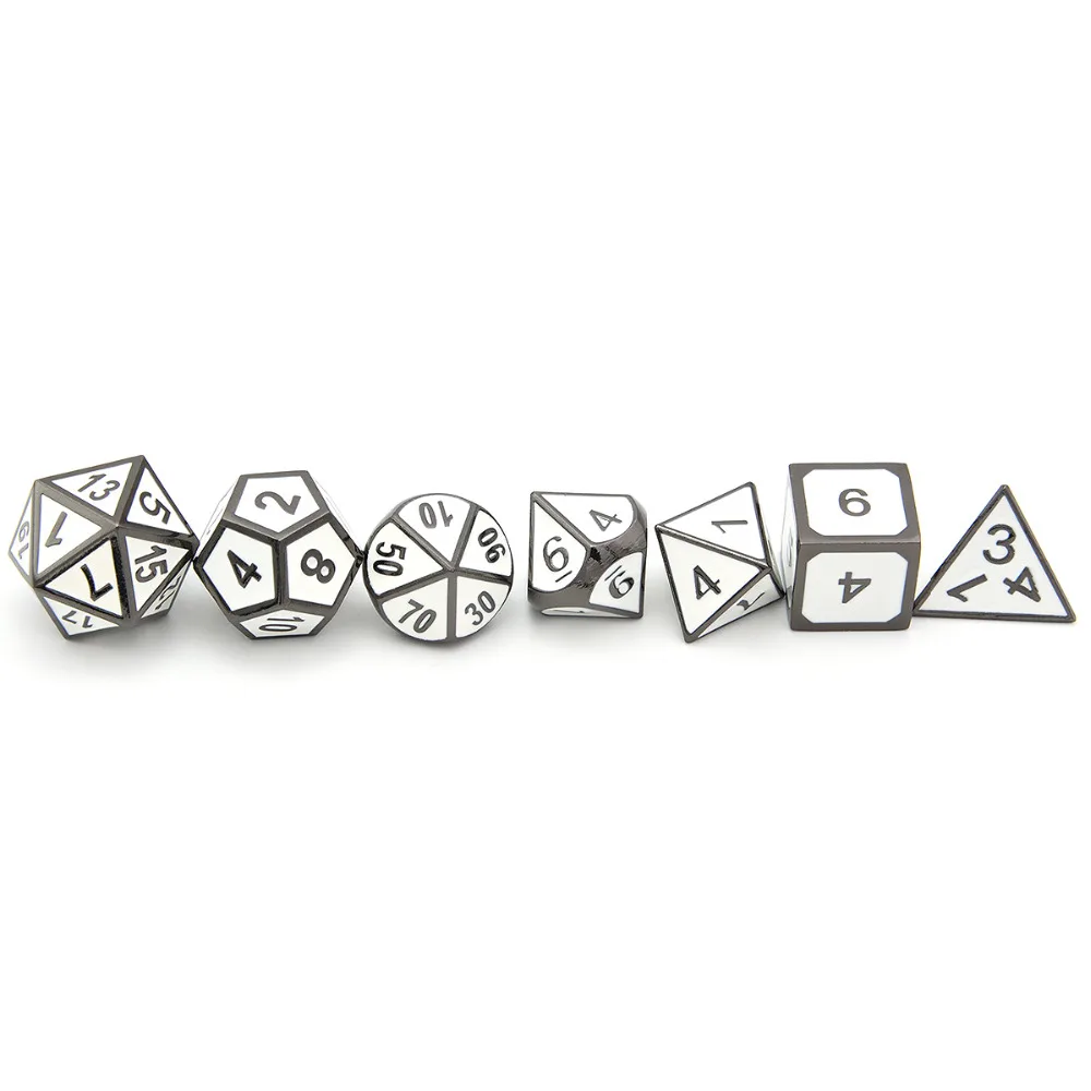 White Enamel Polyhedral Metal Dice with Velvet Pouch for MTG RPG DnD Board Games and Teaching Math