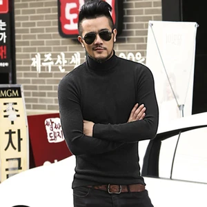 Мужской осенне-зимний черный шерстяной свитер с воротником под горло, облегающий Однотонный мужской вязаный кашемировый свитер, европейский стиль, модные Новые пуловеры J701