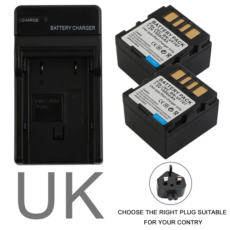 UK Plug set 2X BN-VF707, BN-VF707U BNVF707, VF707 BN-VF714 BN-VF733 Батарейки+ Зарядное устройство для JVC GR-D240 GZ-D240 GR-X5 GZ-MG21U GZ-D240 GR-X5 - Цвет: UK Plug set