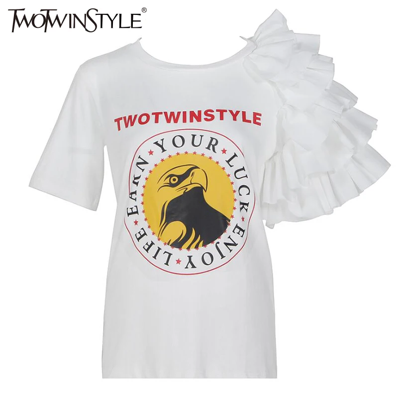 Twotwinstyle Лето 2017 г. рюшами забавные короткий рукав женские футболки Для женщин Топы