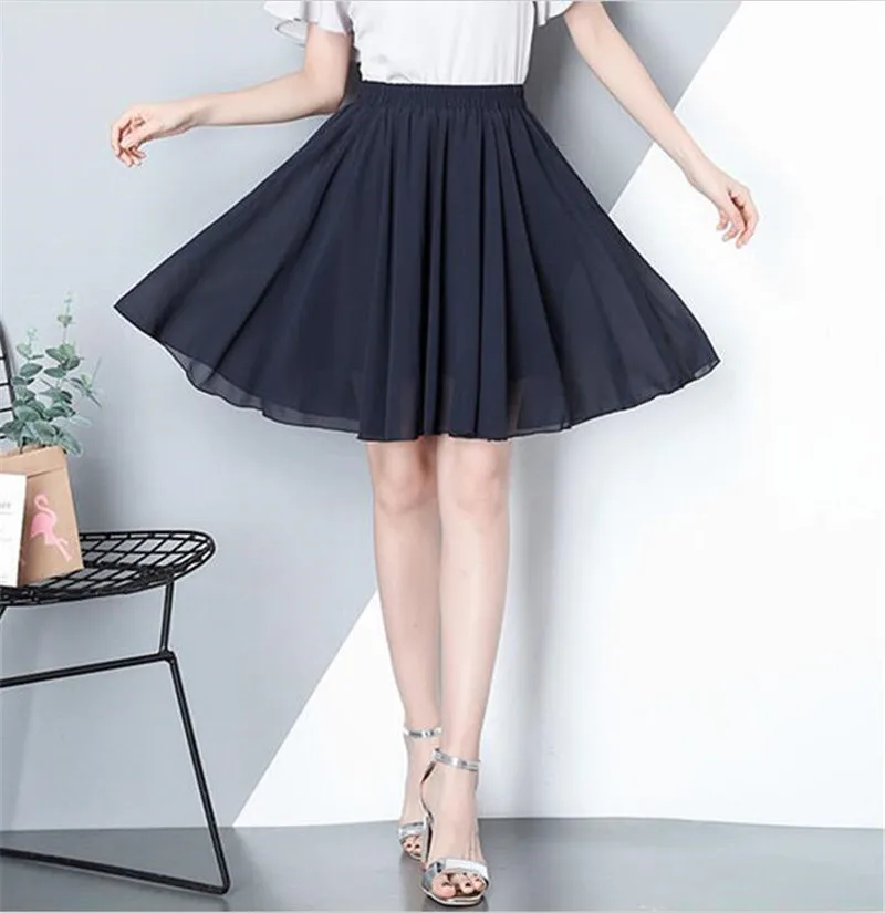 navy blue Женская летняя шифоновая плотная мини-юбка 7 цветов Повседневная Свободная универсальная элегантная Милая юбка Vestido Плюс Размер юбка M-7XL - Цвет: navy blue