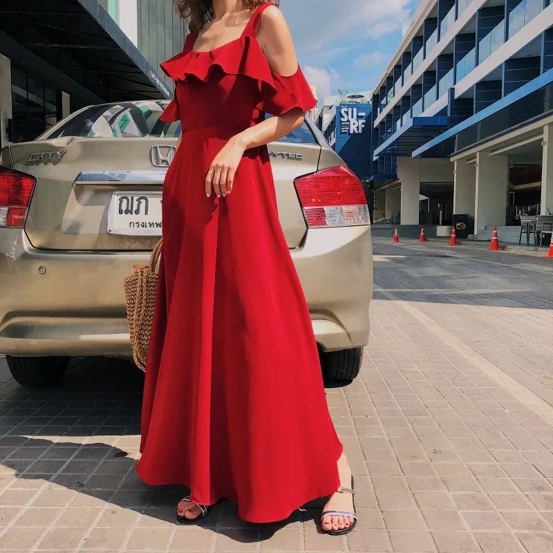 Шифоновые однотонные богемные макси платья для женщин с круглым вырезом на