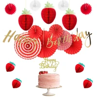 strawberry theme birthday party decoration set honeycomb strawberries happy birthday banner cake topper paper fans girl home