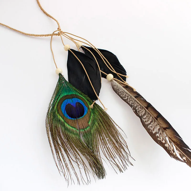 Tribal Hippie Party Hair Accessories Beads Black Feather Pendant Peacock Decoration Hairband FPJFS107 | Аксессуары для одежды