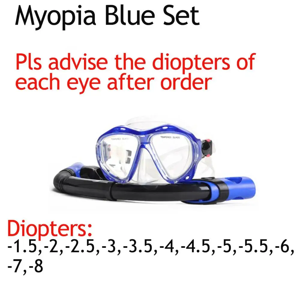 Myopia Blue Set YONSUB близорукость закаленное погружение оптические линзы маска дайвинг маска трубка набор подводный анти туман и трубка Дайвинг оборудование - Цвет: Myopia Blue Set