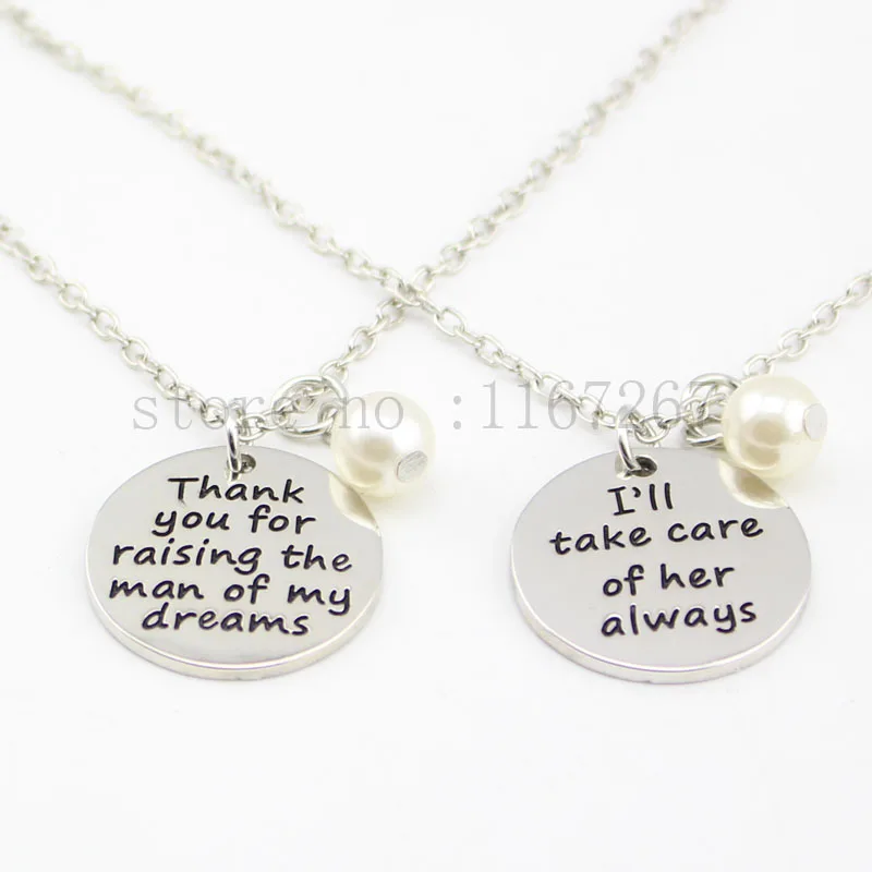 2016 Necklace Set- Mother in Law Gifts&quotThank you for raising the man of my dreams&quot and &quotI'll take care her always&quot necklace |