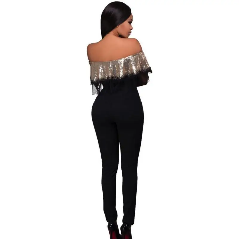 New Women's Sexy Slim Fashion Europe Style Slash Collar Large Swing Paillette Falbala Vintage Lace Patchwork Long Jumpsuits | Женская