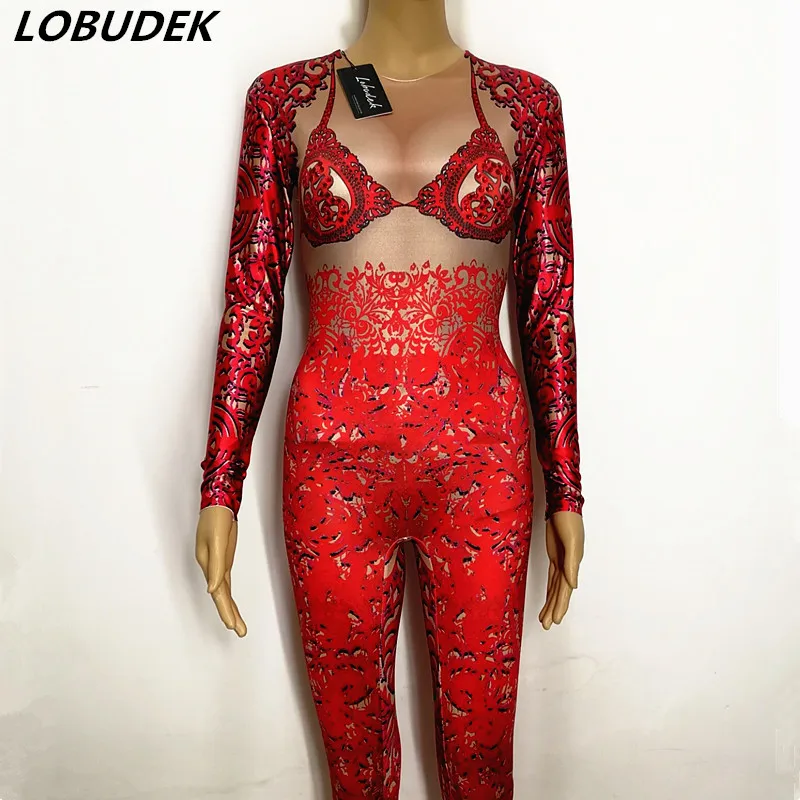 

Sexy Bar Valentine's Day Pole dancing Costumes Male Female Dance Troupes DJ DS show costume Red Print Crystals Leotard Jumpsuit