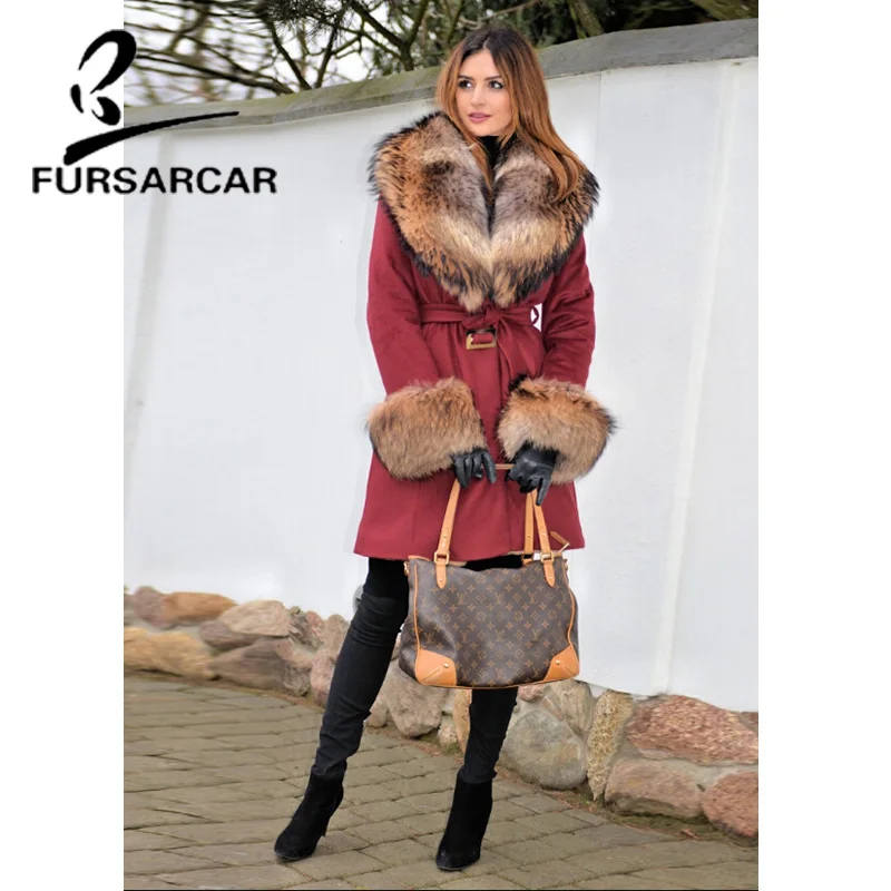 

FURSARCAR 2020 New Woolen Slim Jacket Winter Women Real Fur Coat Genuine Leather Detachable Long Coat & Raccoon Fur Collar