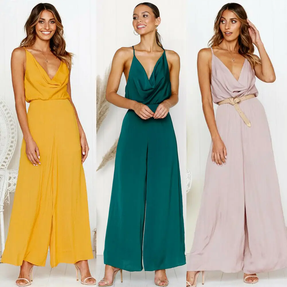 Женский шифоновый комбинезон свободный с треугольным вырезом без