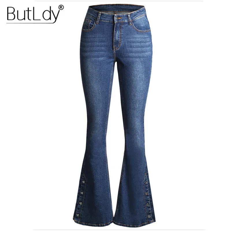 

Buttons Flare Denim Pants Women Summer 2019 High Waist Casual Jeans Pants Capris Washed Long Trousers Jeans Female Bell Bottoms