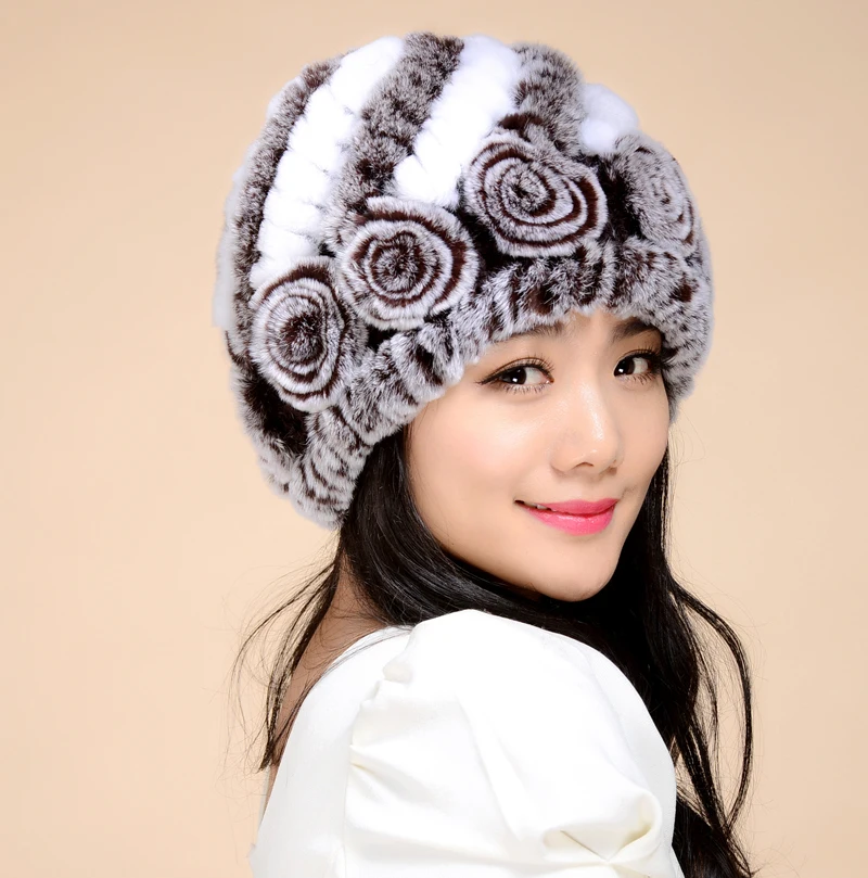 2016 Paisley Lady Real Knitted Rex Rabbit Fur Beanies Winter Warm Genuine Women Fur Caps Female Hats 0701