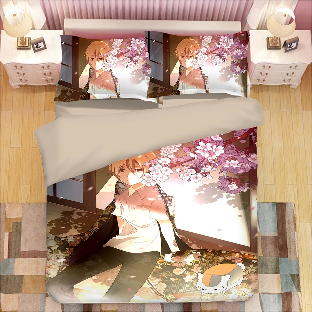 Japanese style bedding set Boy and cat flower picture Comic bedclothes quilt cover soft cute duvet comfortable pillowcases | Дом и сад