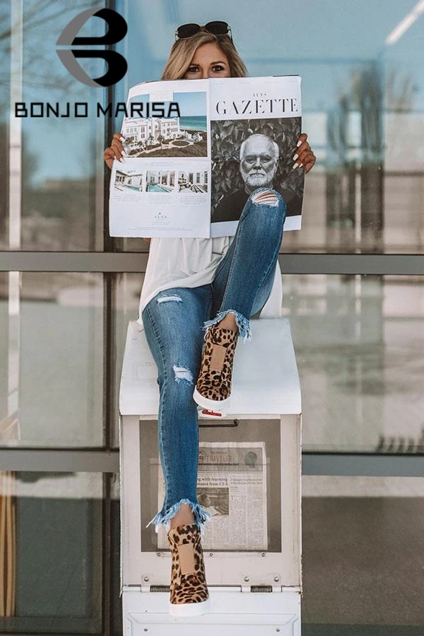 BONJOMARISA/Новинка года; Лидер продаж; леопардовые женские ботинки на платформе; коллекция года; сезон осень; Модные женские ботильоны на танкетке; женская обувь; Размеры 35-43