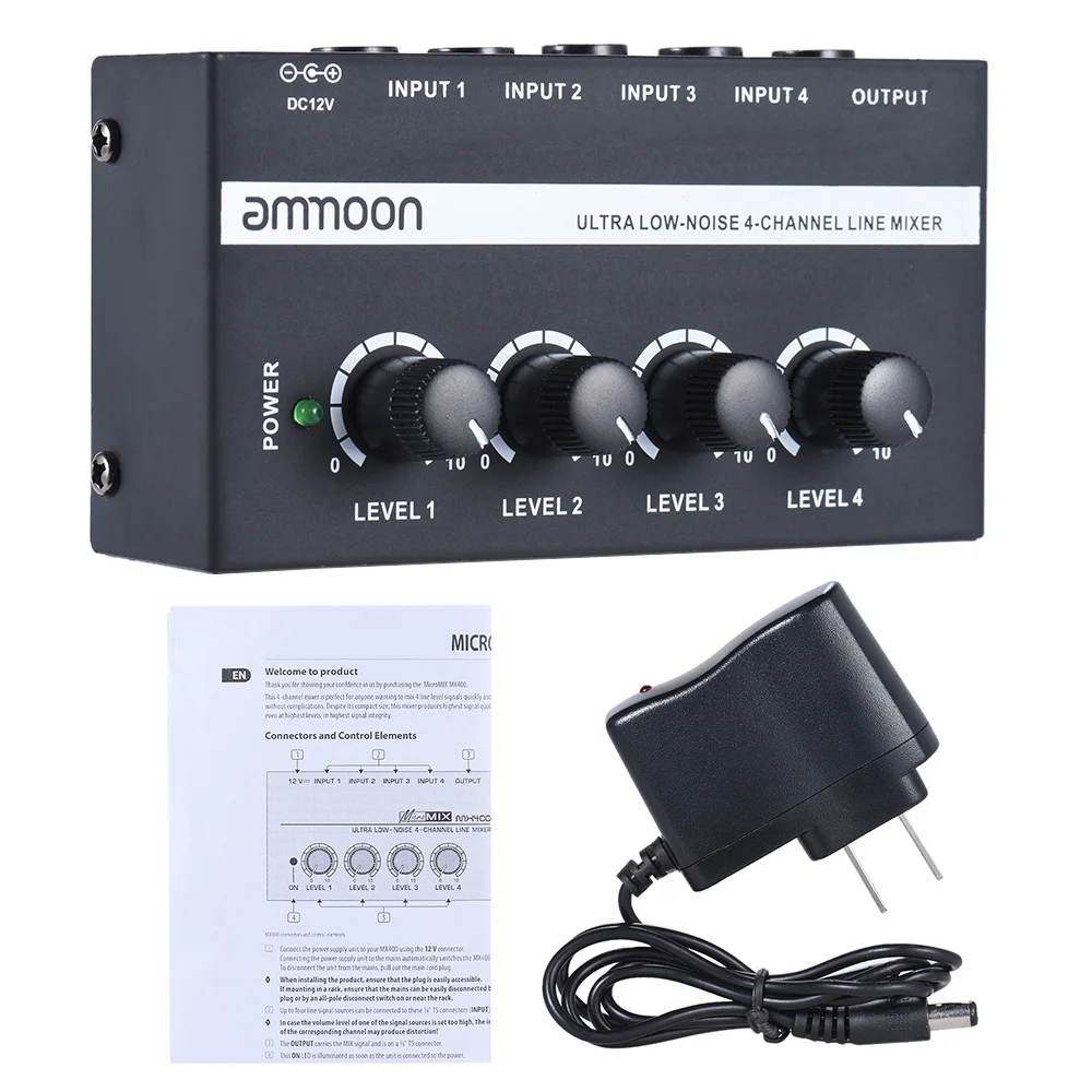 Ammoon MX400 ультра-компактный низкий уровень шума 4 канала линейный моно аудио микшер с адаптером питания