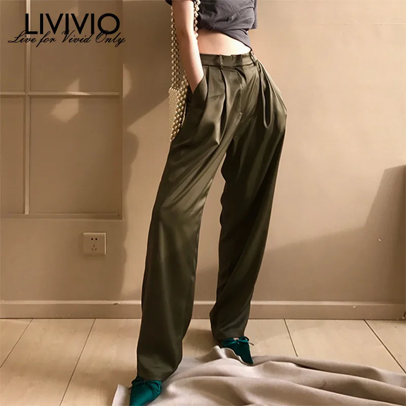 [LIVIVIO] Высокая талия уличная Палаццо длинные широкие брюки свободные зеленые брюки женская одежда летняя Корейская женская одежда