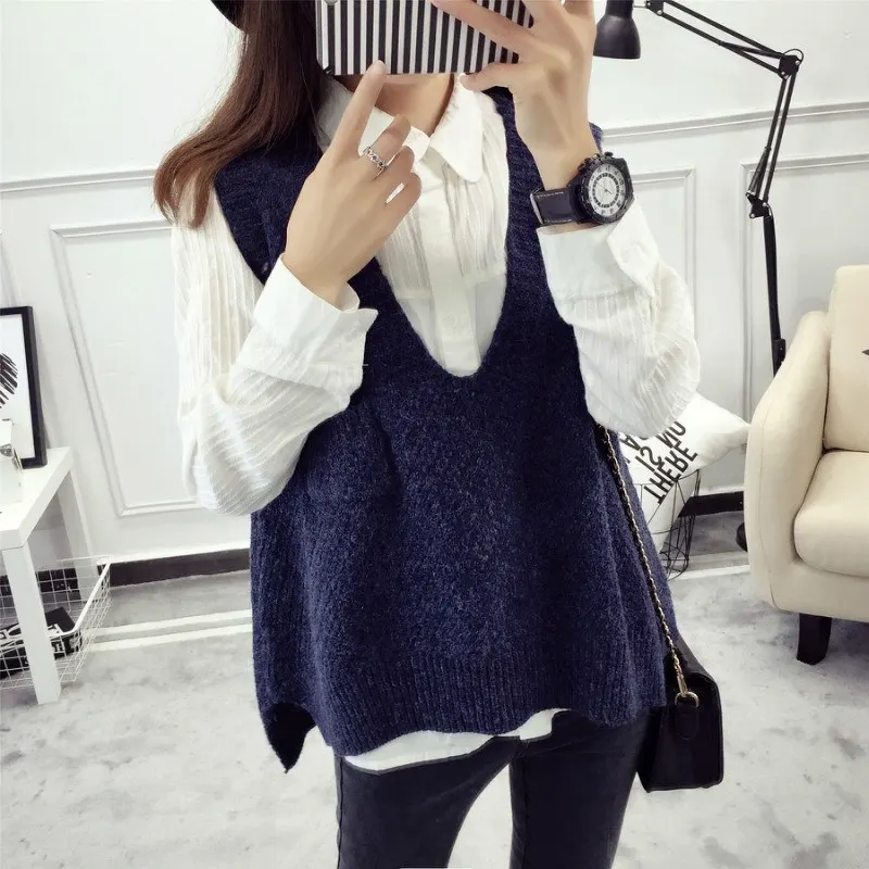 Синий Демисезонный шерстяной свитер, жилет для женщин без рукавов с v-образным вырезом, вязаные жилеты с длинными секциями, жилет для женщин - Цвет: Синий
