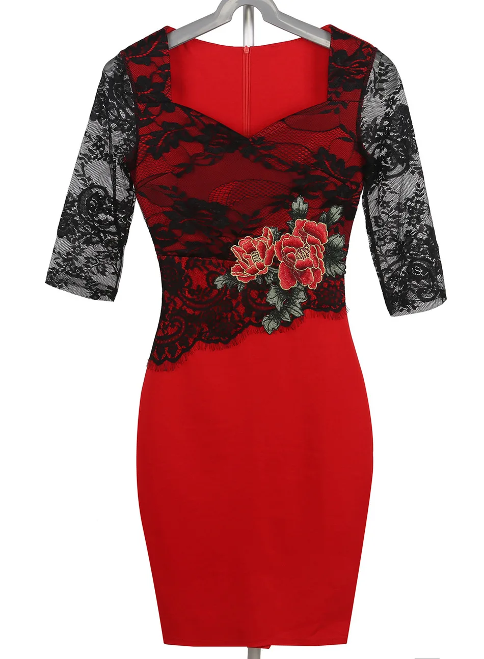 Show Slim Women Vintage Sexy Floral Red Lace Party Dress Elegant Bodycon Three Quarter Patchwork Clothing Female | Женская одежда