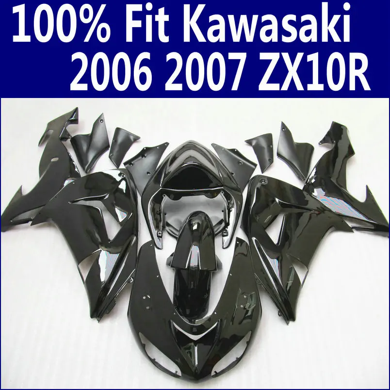 100% подходит для Обтекатель KAWASAKI Ninja ZX 10R 2006 2007 полностью глянцевый черный ABS