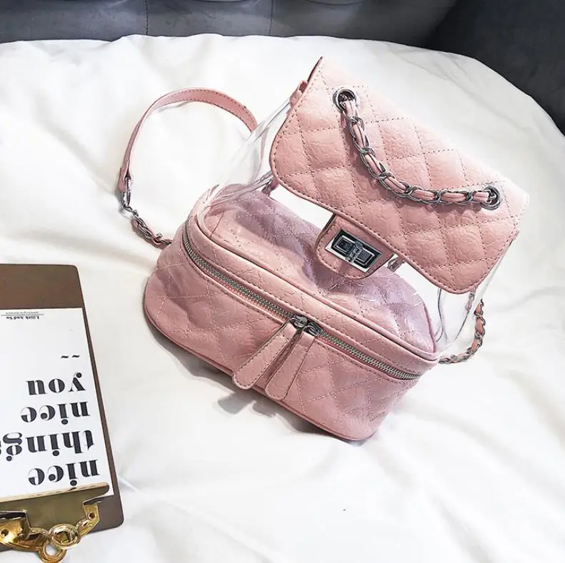 Pink Милый рюкзак для подростков прозрачный Рюкзаки Качество из искусственной кожи для женщин решетки цепи сумка школьные ранцы - Цвет: Pink