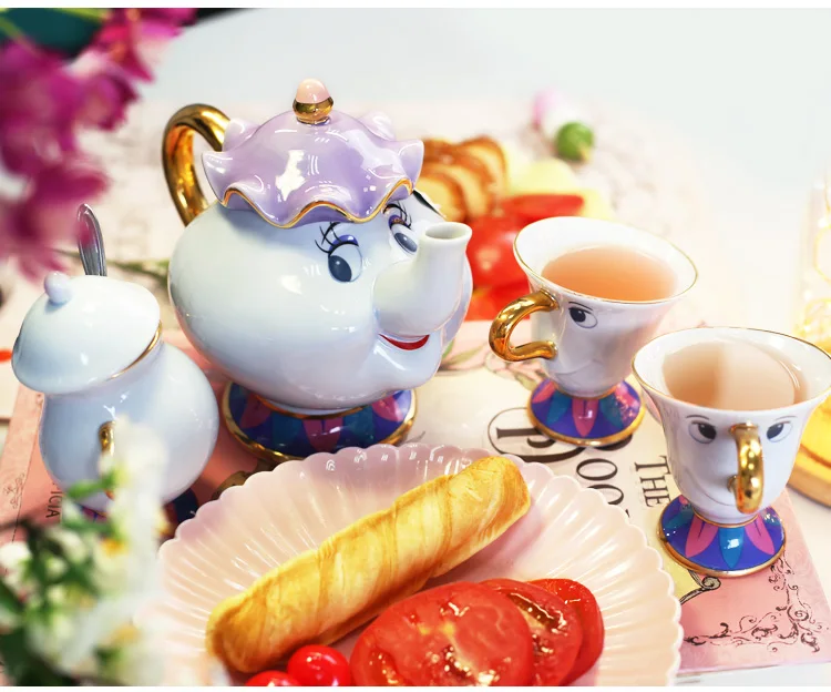 

[1 pot +2 cup +1 sugar bowl] Good looking Beauty and the beast Teapot Potts Chip Teapot Cup Set Lovely porcelain Xmas drink Gift