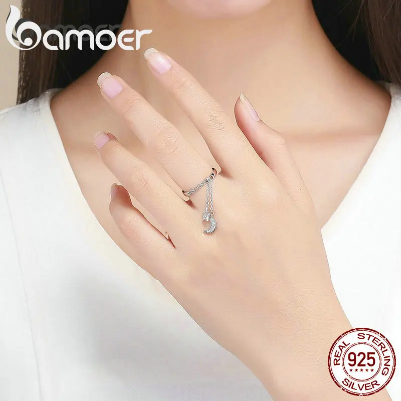 BAMOER подлинные 925 пробы серебряные кольца с Луной и звездой, регулируемые кольца для женщин S925 дизайн SCR407