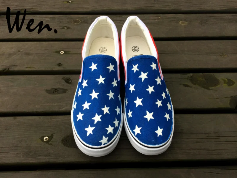 

Wen Original Hand Painted Shoes Design Custom US Flag Stars Unisex Slip On Canvas Shoes Low Platform Flat Lazy Wear Plimsolls