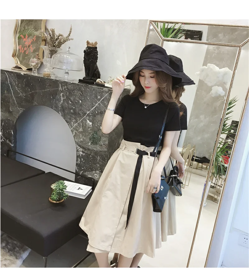 Женский комплект из 2 предметов черная футболка с коротким рукавом и юбка высокой