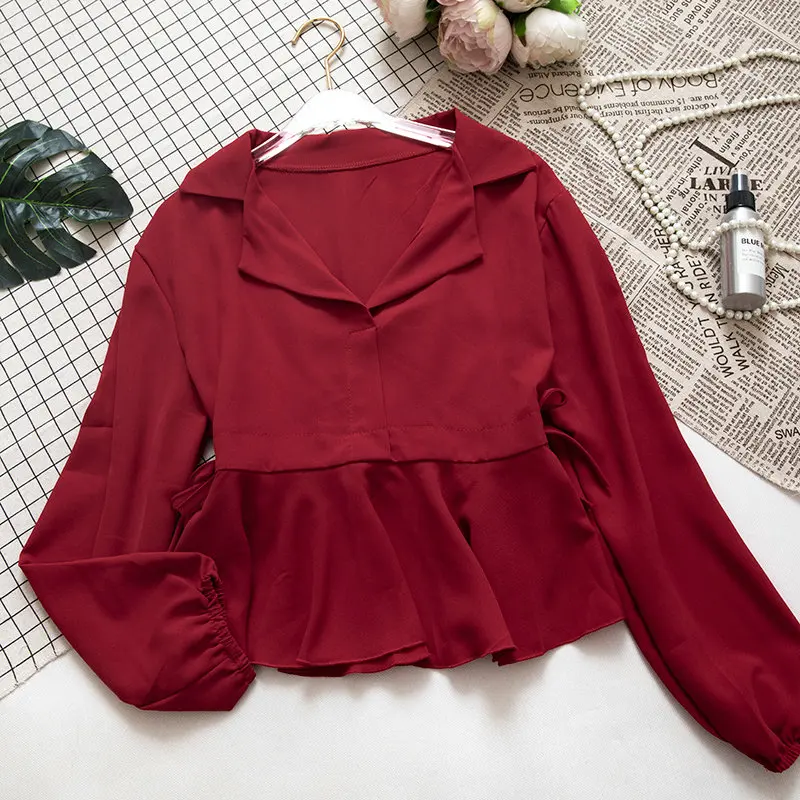 Women Shirts Женская весенне-осенняя Базовая плиссированная рубашка со стоячим рукавом и бантом, элегантная Кружевная повязка с оборками, пуловер, шифоновая блузка, топы - Цвет: Women Shirts