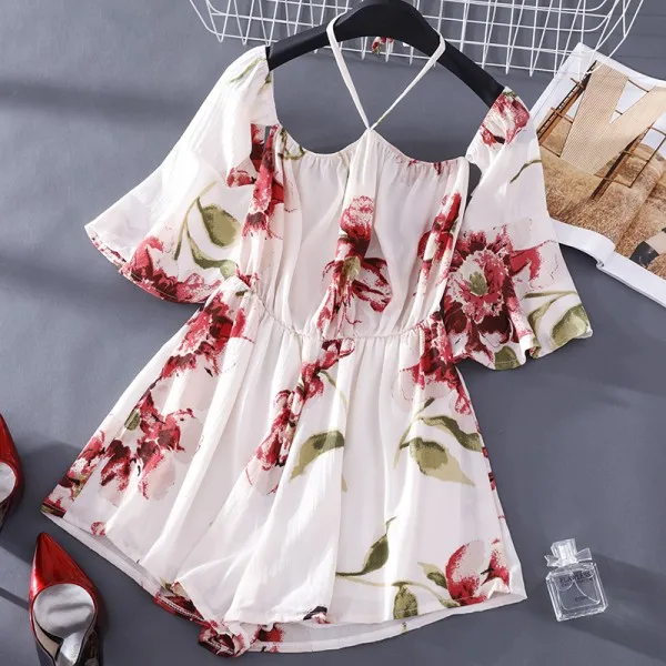 picture color Boho шикарный летний винтажный цветочный принт пояса Комбинезоны для женщин Мода V шеи кимоно рукав пляжные женские комбинезоны Женское боди - Цвет: picture color