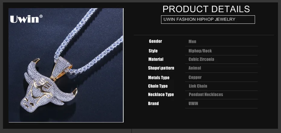 UWIN Прямая Шарм King Bull Iced Out кулон с круглым вырезом 4 мм теннис цепи цепочки и ожерелья хип хоп кубический цирконий ювелирные изделия