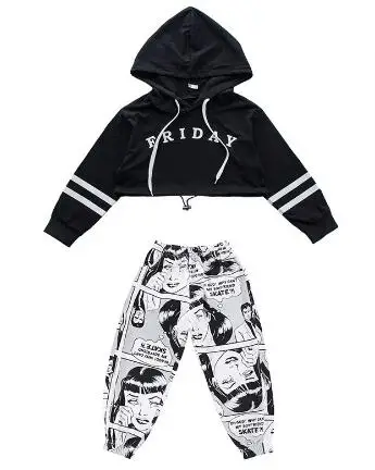 Tops and Pants Детские спортивные костюмы, танцевальные костюмы для девочек, модные детские черные укороченные топы и штаны, комплекты из 2 предметов, одежда в стиле хип-хоп для девочек-подростков 4-18 лет - Цвет: Tops and Pants