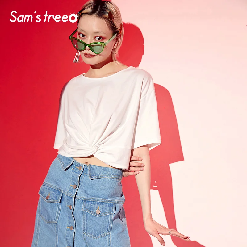 Samstree белый Хлопковый женский короткий топ летний однотонный сексуальный уличная одежда женские футболки модные повседневные свободные женские футболки с круглым вырезом